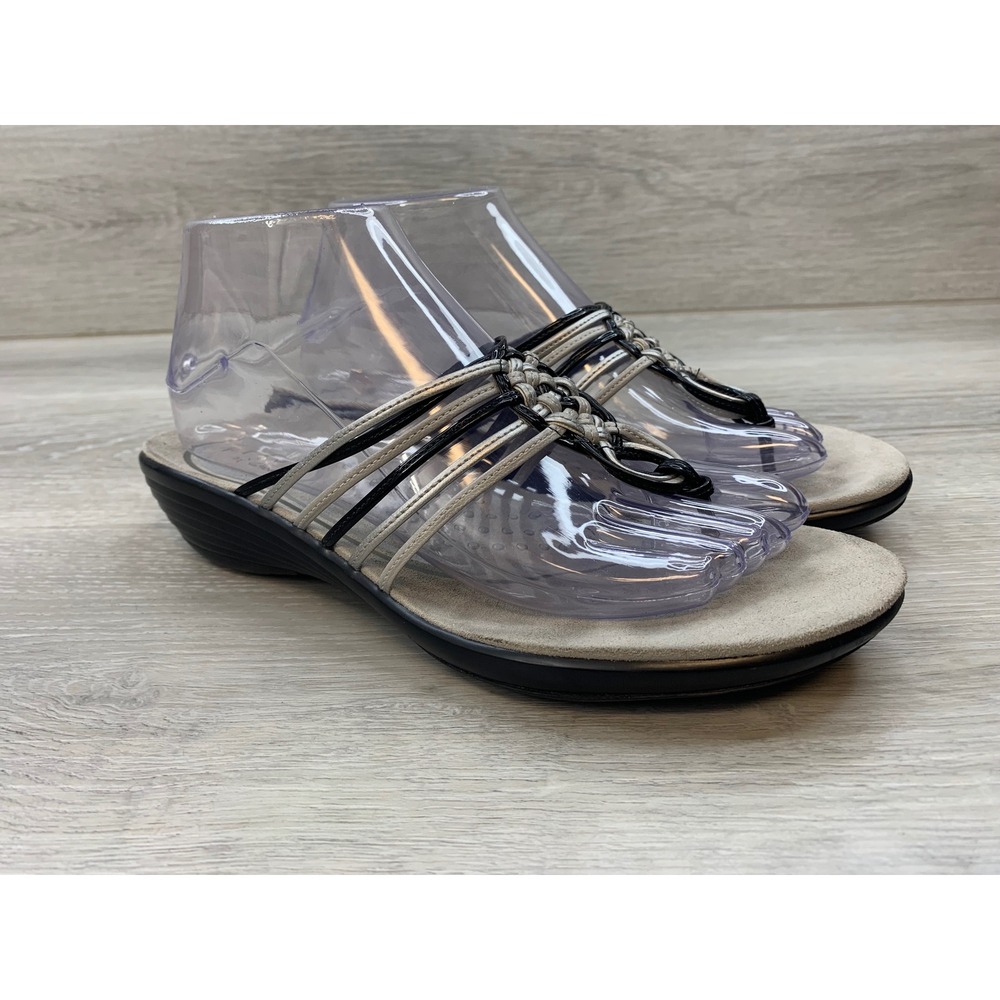 Privo by Clarks Women's Sandals 8 Silver Black Strappy Wedge Thong Shoes